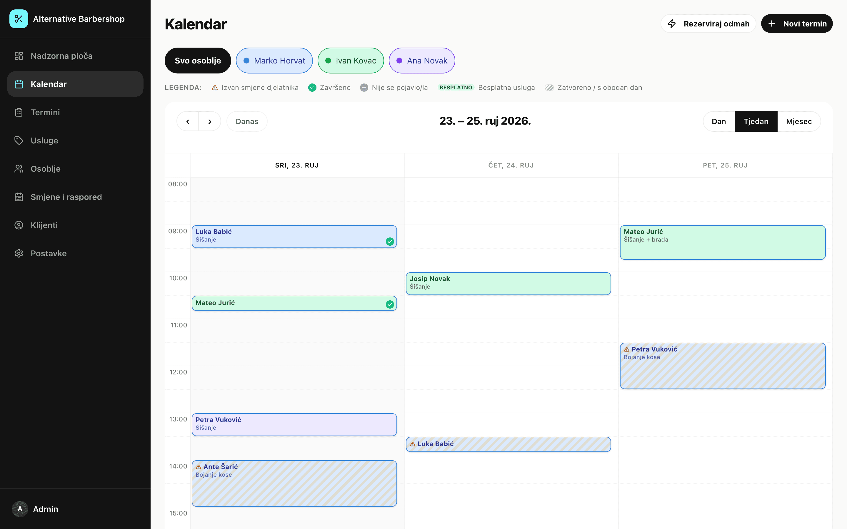 Dechron admin kalendar s tjednim pregledom termina